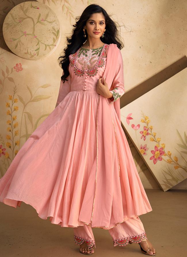 Pure Silk Pink Festival Wear Embroidery Work Readymade Anarkali Suit